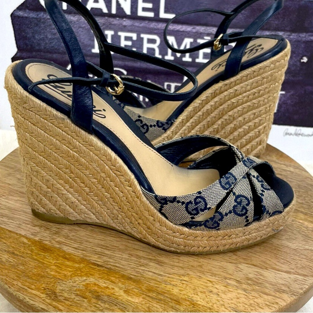 USED -GUCCI Penelope GG Canvas- espadrille wedge size 6 1/2- AUTHENTIC